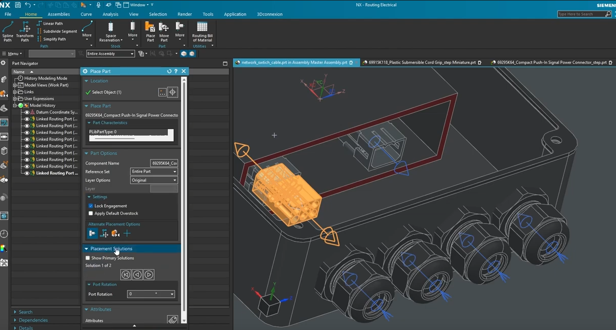 Siemens NX Electrical Routing example showing connector placement, routing ports, and harness design within a complex housing assembly.