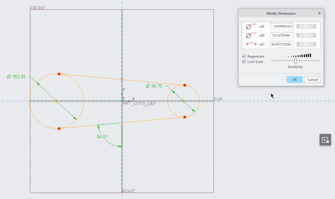 Using the Modify Dimensions dialog in PTC Creo to adjust diameter and angle values on a 2D pulley sketch with 'Lock Scale' enabled to maintain geometry proportions.