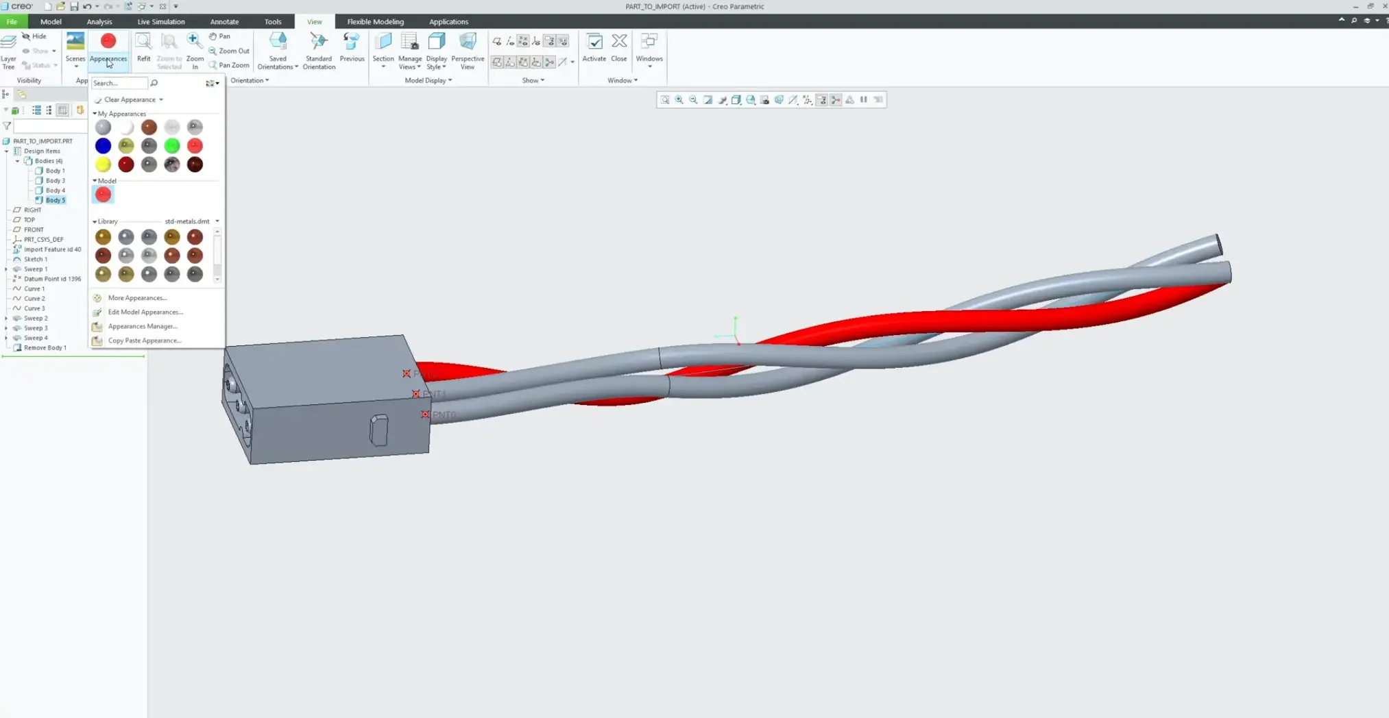 Executing the Remove Body feature inside PTC Creo to cleanly wipe out the temporary twisted sweep geometry template without breaking the child wire dependencies.