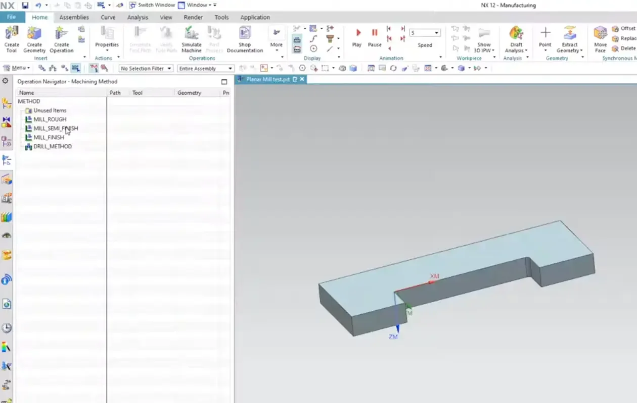 Reviewing the Machining Method View options in Siemens NX 12 CAM, including default parent methods for rough milling, semi-finishing, finishing, and drilling cycles.