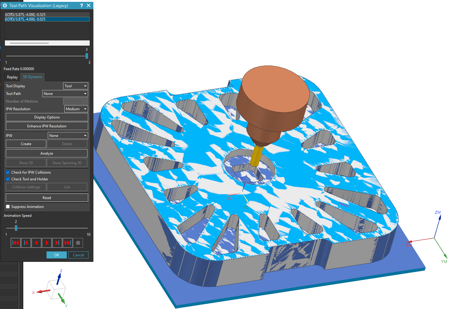 3D simulation of a CNC machine cutting a metal block with interface controls on the left.