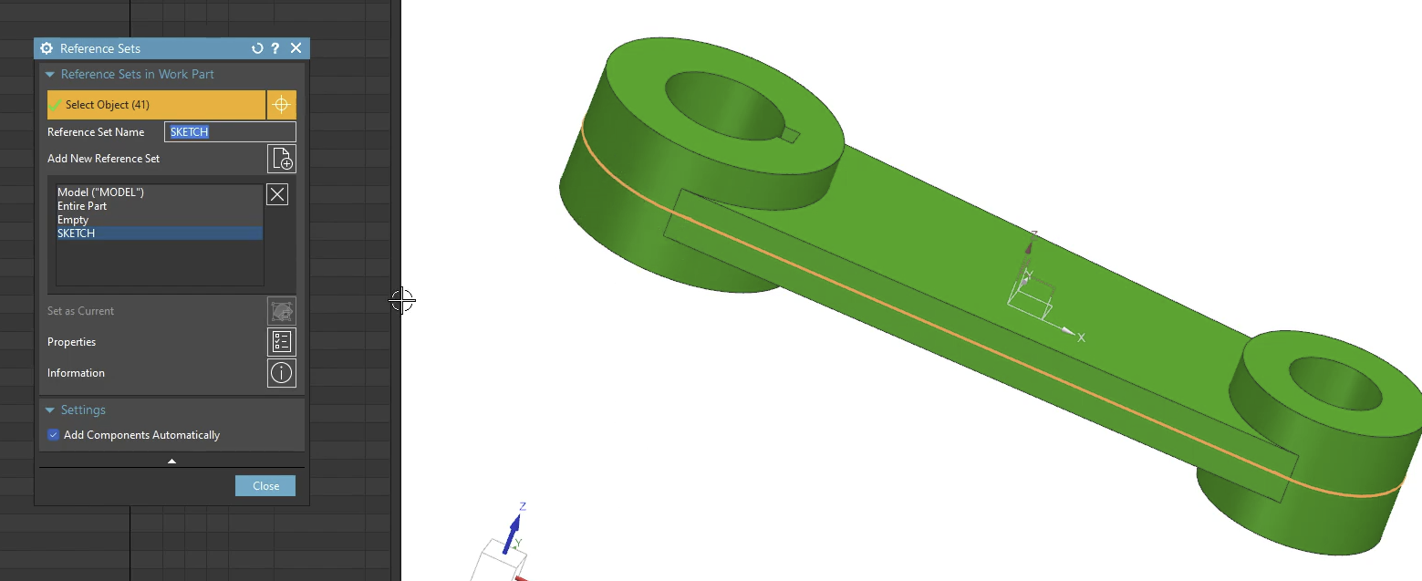 Defining a new custom 'SKETCH' Reference Set in Siemens NX by selecting specific 2D wireframe geometry on a green link component.