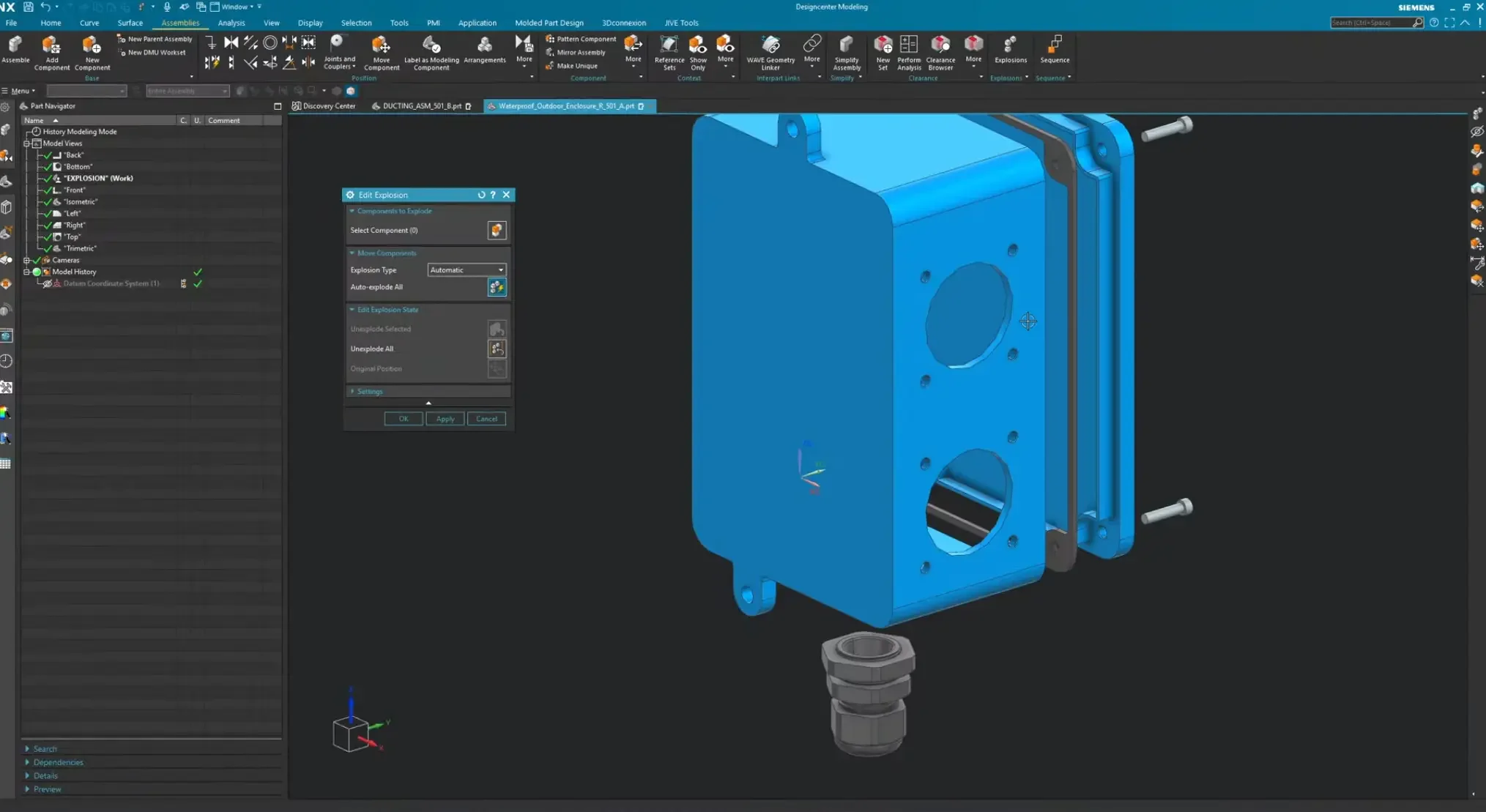 Executing the Automatic Explosion command in Siemens NX assemblies to rapidly scatter component parts across a spatial axis layout.