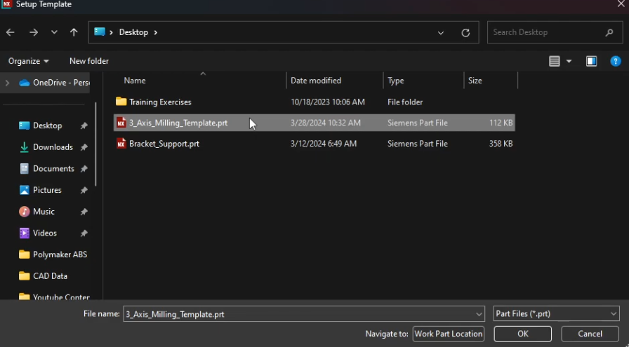 Selecting the '3_Axis_Milling_Template.prt' from a local directory to initialize standardized manufacturing settings for the Bracket Support part.