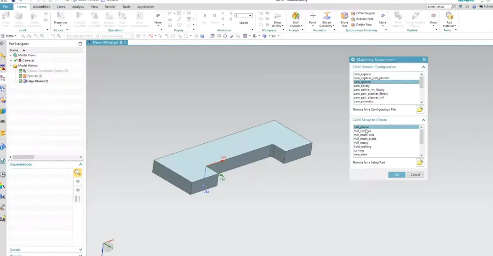 The Machining Environment setup dialog box in Siemens NX 12, showing the selection of cam_general configuration and mill_planar setup types for a raw prismatic block part.