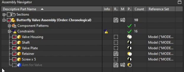The NX Assembly Navigator displaying the 'Arm for Valve' with a dashed icon, indicating it is currently suppressed in the active arrangement.