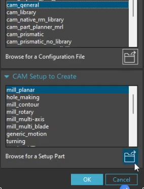 Accessing the Machining Environment dialog in NX and clicking the 'Browse for a Setup Part' folder icon to load a custom manufacturing template.
