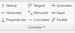 Individual Alt Text: "The Constrain menu in the PTC Creo Sketcher ribbon, featuring geometric tools like Tangent, Symmetric, Parallel, and Perpendicular for defining sketch relationships.