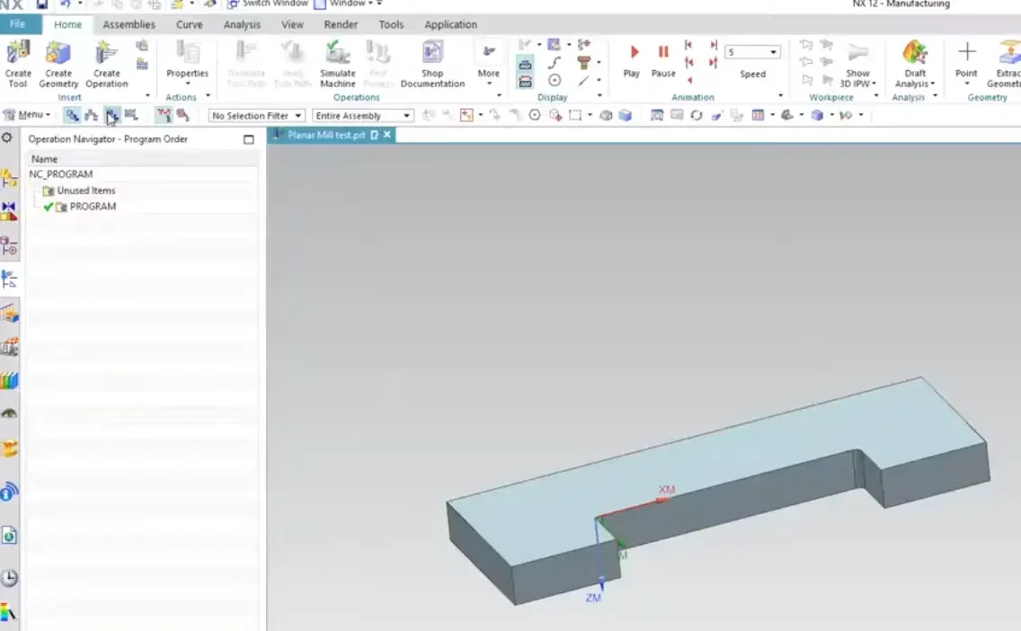 The Siemens NX 12 CAM interface showing the Operation Navigator switched to Program Order View with the default NC_PROGRAM folder active.