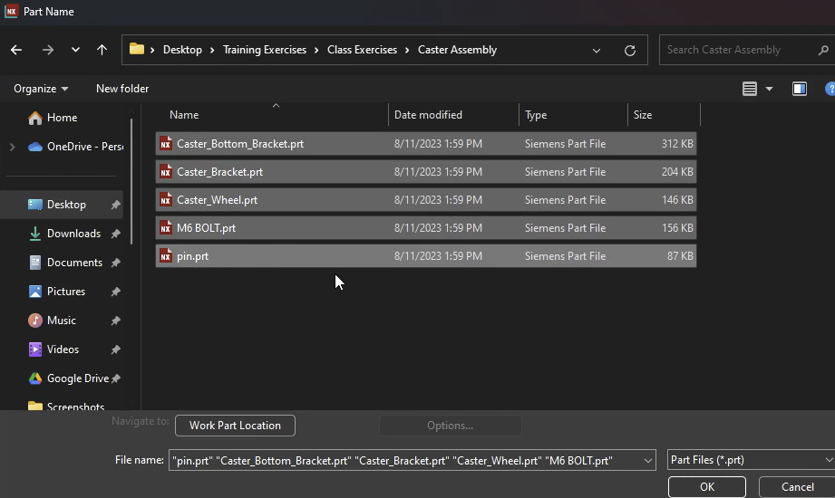 Selecting multiple Siemens NX part files (.prt), including brackets, wheels, and bolts, in the file explorer to add to a Caster Assembly.