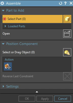 The Assemble dialog in Siemens NX, showing the 'Part to Add' and 'Position Component' sections for integrated assembly management.