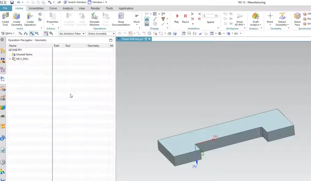 The Geometry View tab of the Siemens NX 12 Operation Navigator, highlighting the parent MCS_MILL coordinate system applied to the corner of the 3D part model.