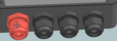 Selecting external cable gland components on an enclosure body in Siemens NX to apply assembly constraints and hardware patterns.