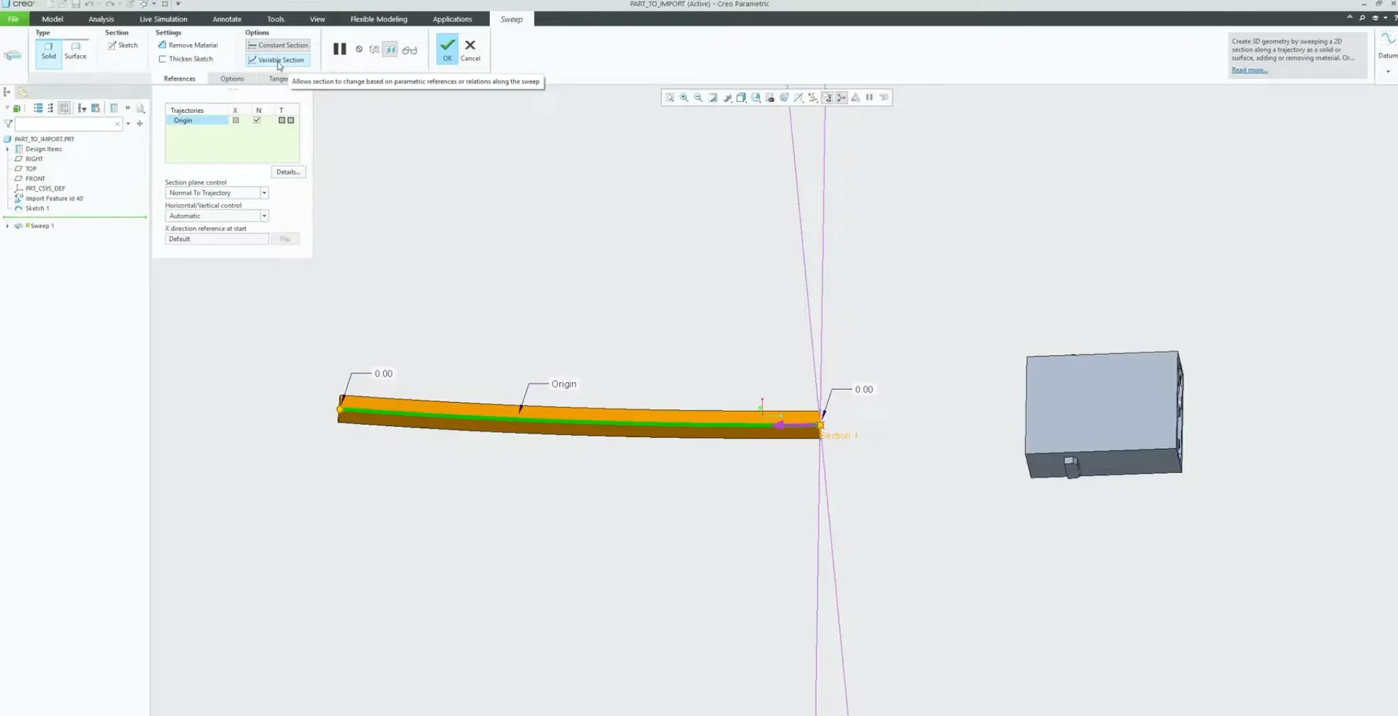 Enabling the Variable Section Sweep option on the main Creo dashboard and selecting the Create New Body parameter to isolate the twisting guide template.