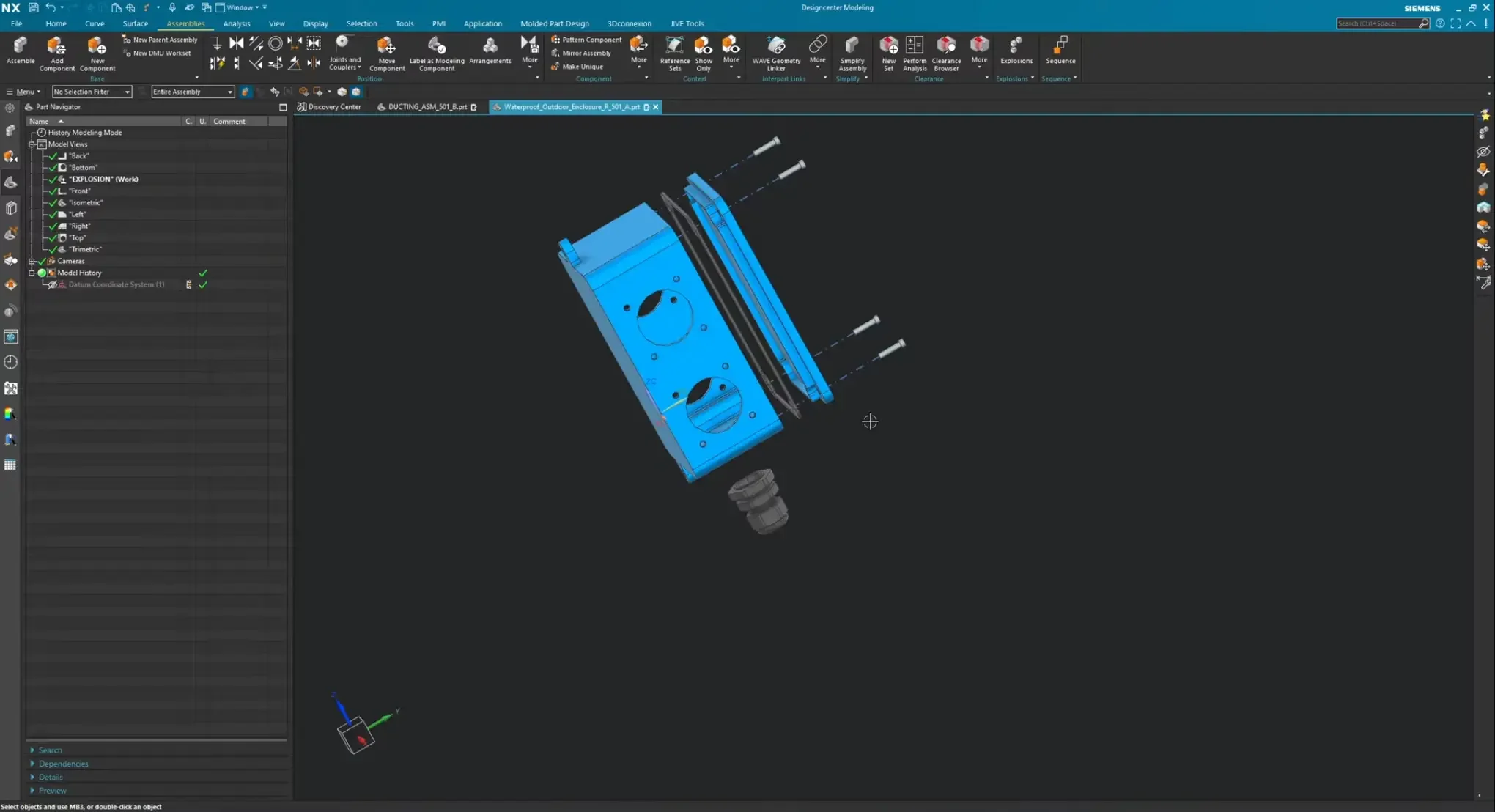 The finalized assembly explosion layout in Siemens NX showing components positioned out cleanly with fully visible associative trace lines.