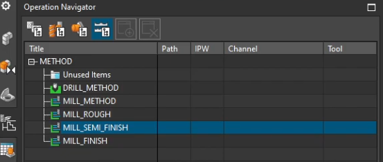 The Method view in the NX Operation Navigator showing categorized milling methods for Roughing, Semi-Finishing, and Finishing passes.