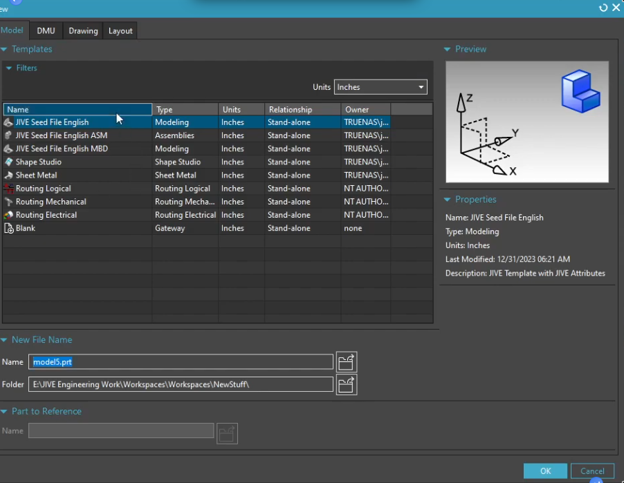 Selecting the  modeling template in the Siemens NX New File dialog to ensure standardized unit settings and attributes.