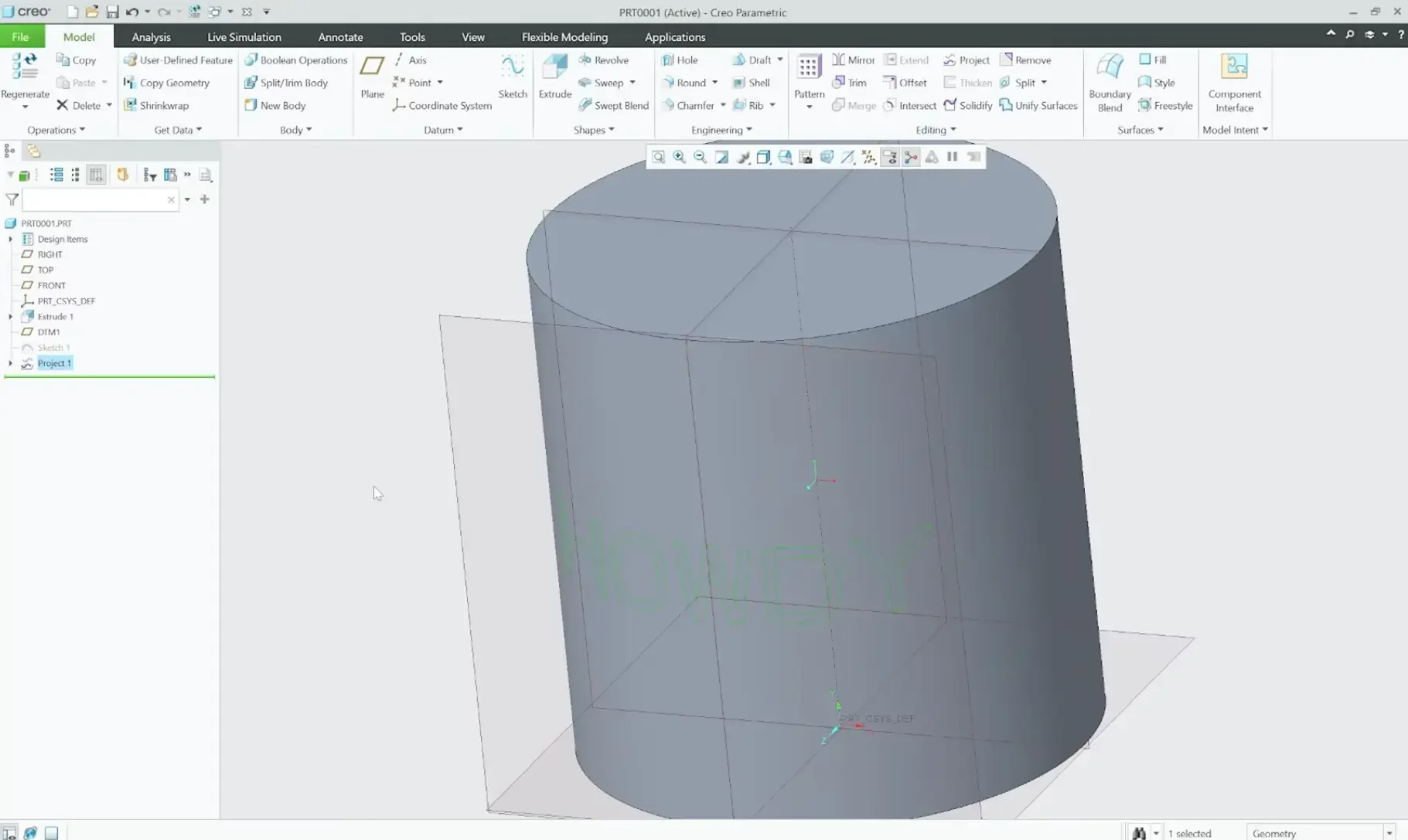 Executing the Project command inside PTC Creo to seamlessly wrap a 2D text sketch path onto a 3D cylindrical surface face.