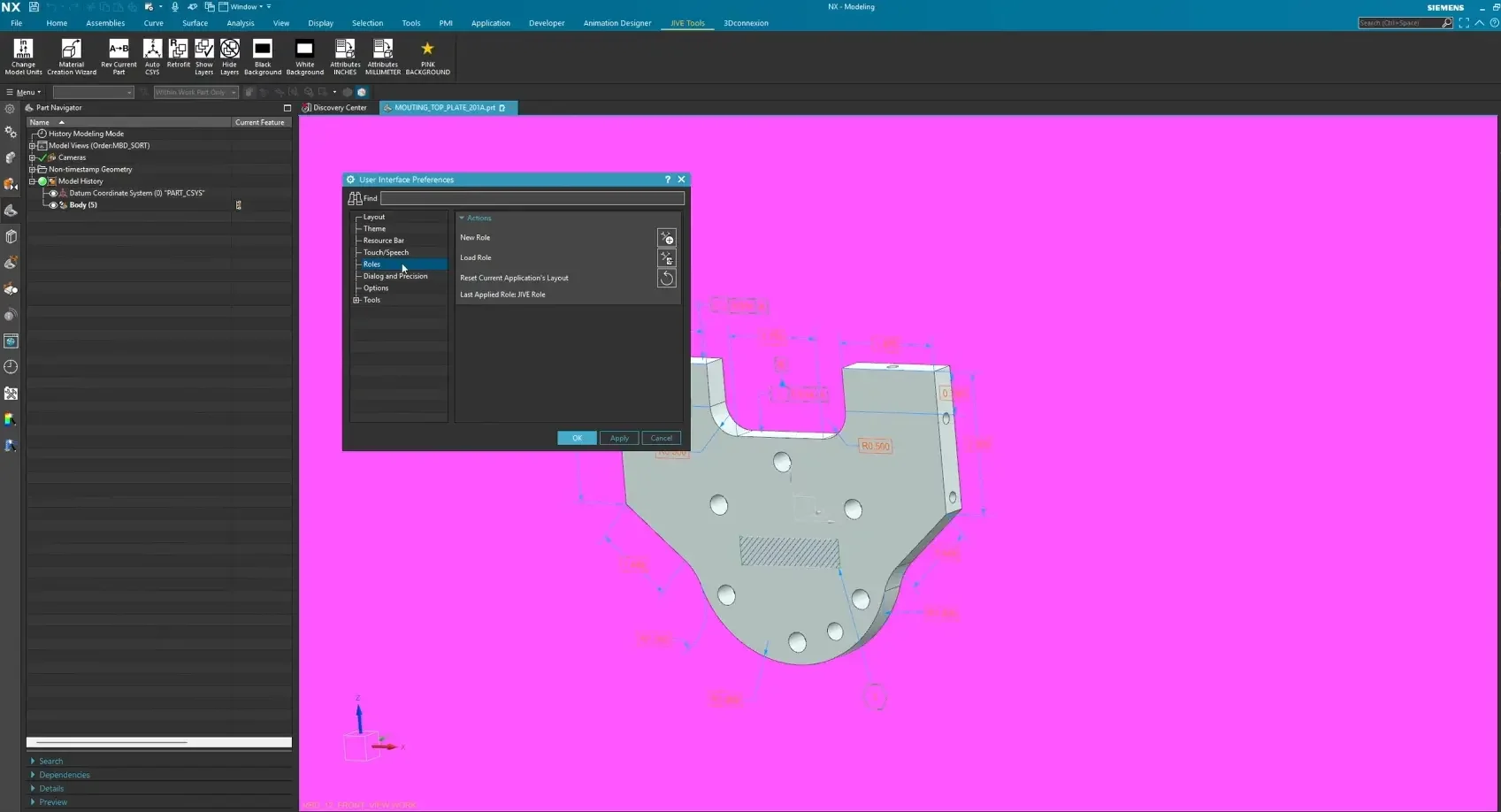 Accessing User Interface preferences in Siemens NX to save a custom role file containing user-defined ribbon buttons.