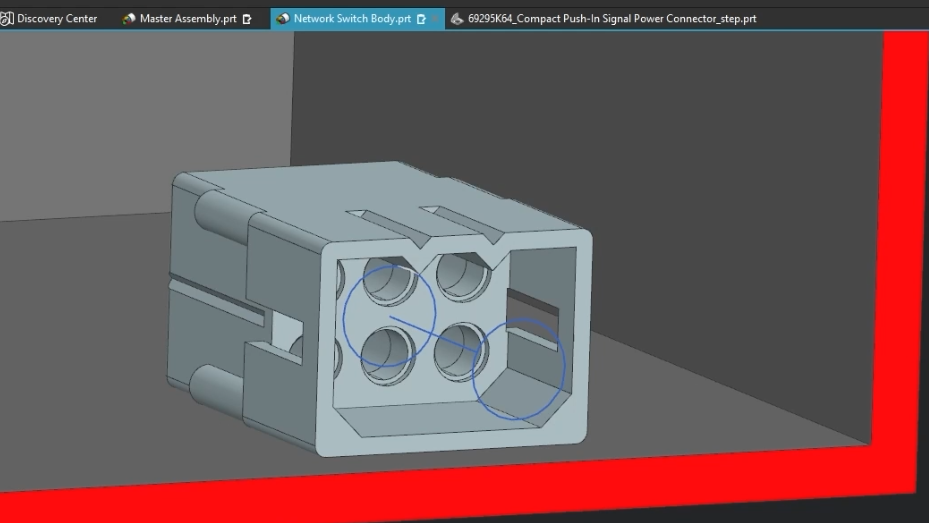 Inspecting a 6-pin signal power connector component in Siemens NX, highlighting internal face selection for precise assembly constraints.