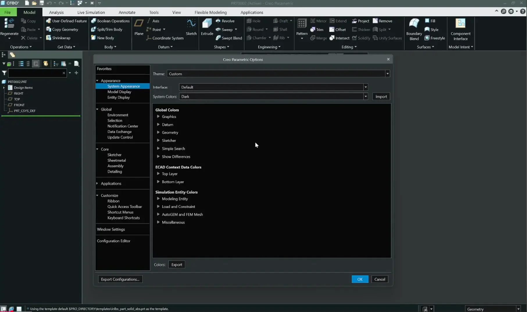 The System Appearance settings menu in PTC Creo Parametric, showing the activation of the dark Midnight theme and custom black graphics background colors.