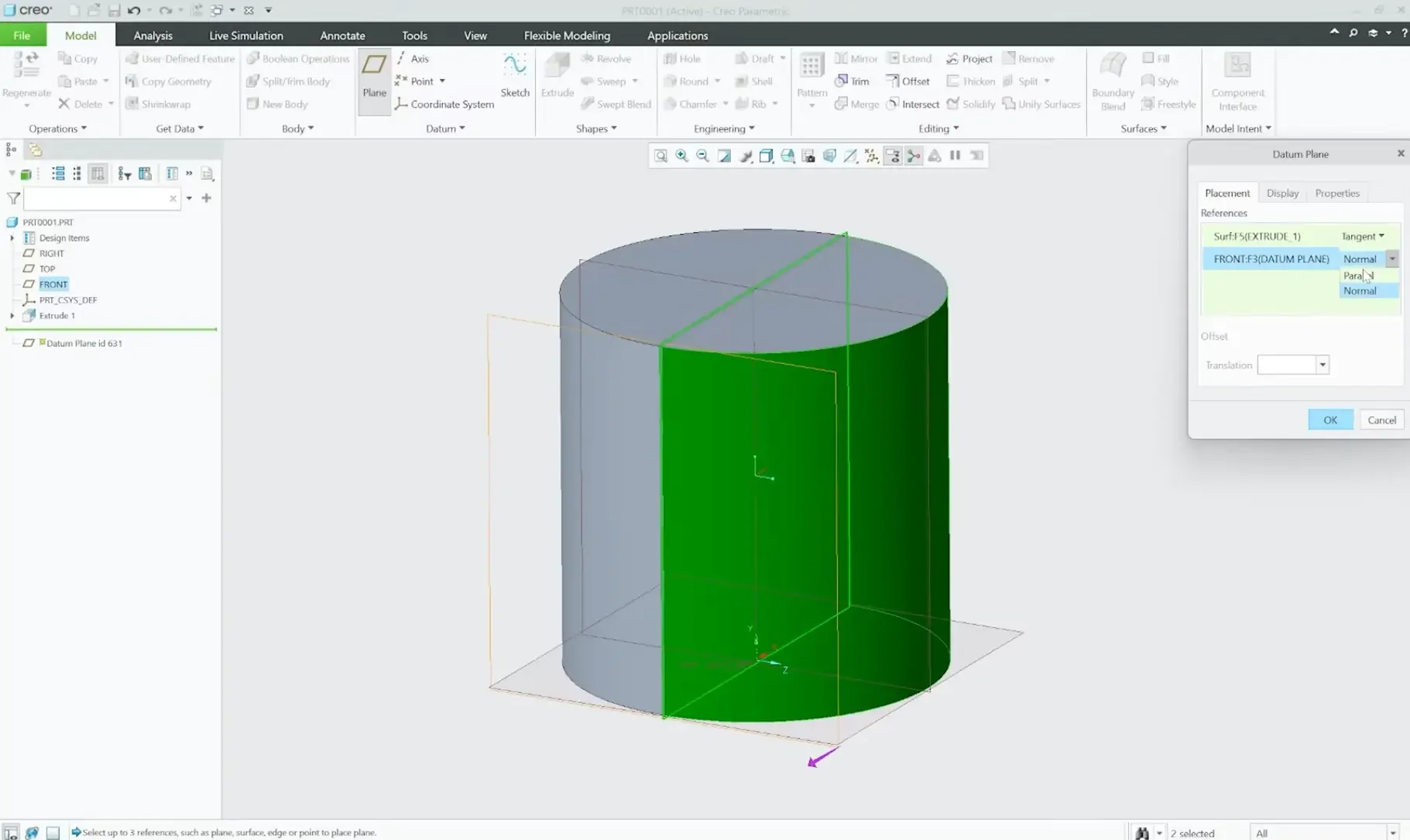 Configuring a new datum plane in PTC Creo Parametric configured tangent to a cylindrical surface face and parallel to the front reference plane.