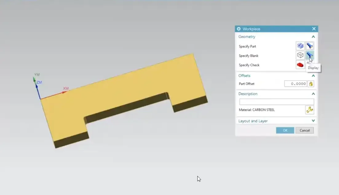 The Workpiece geometry properties dialog window in Siemens NX 12 used to define specify part, specify blank stock, and select carbon steel material parameters.