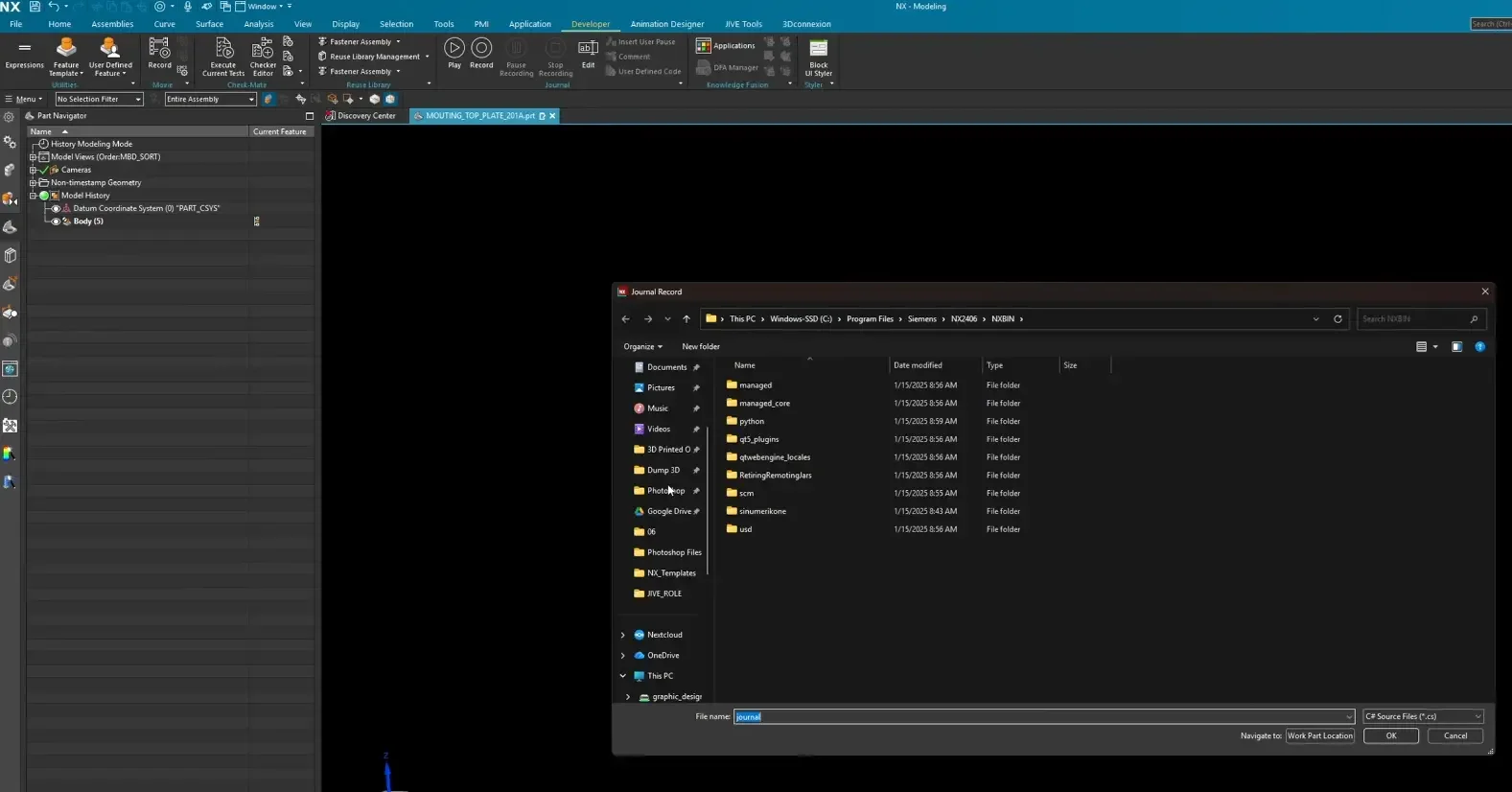 Selecting a destination folder and file name for a newly recorded C# journal script inside Siemens NX.