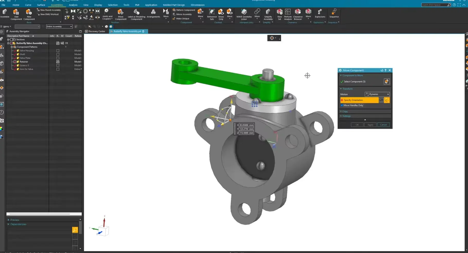 Using the Move Handles Only feature in the Siemens NX Move Component dialog to center the transform triad cleanly on a pivoting assembly axis.