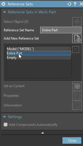 The Reference Sets dialog in Siemens NX showing the default options: Model, Entire Part, and Empty for controlling component data loading.