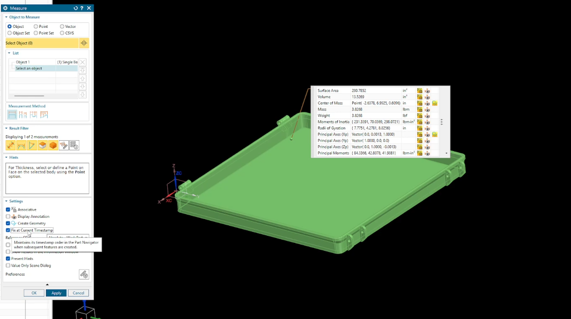 Advanced measurement workflows in Siemens NX featuring associative mass property calculations, center of mass tracking, and model timestamp management.