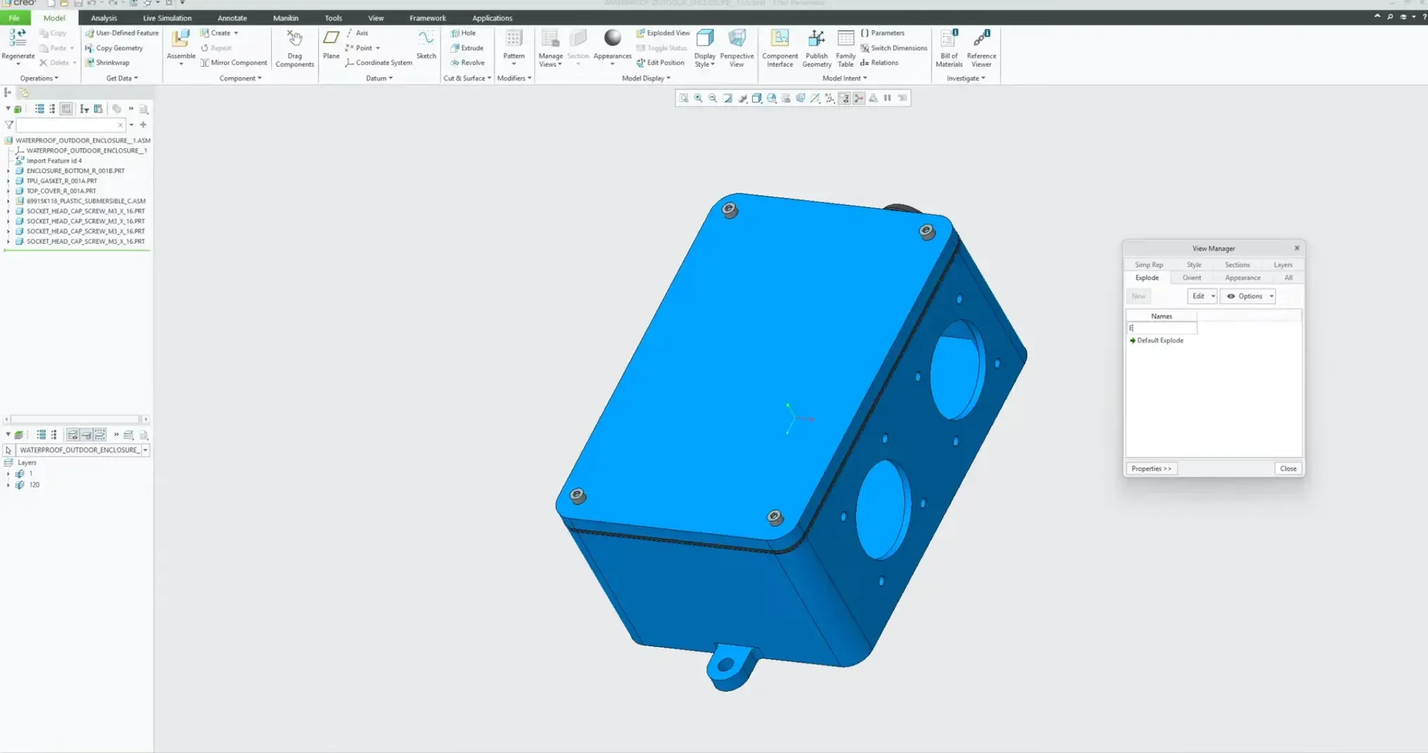 The View Manager dialog panel inside PTC Creo Parametric, showing the creation of a new custom configuration under the Explode tab folder.