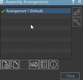 The Assembly Arrangements dialog in Siemens NX showing the 'Arrangement 1 (Default)' active state.