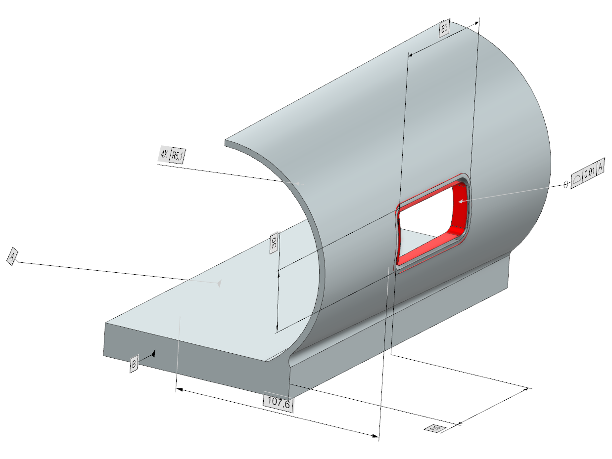 A 3D CAD model of a mechanical part with measurements and a red-highlighted rectangular cutout.
