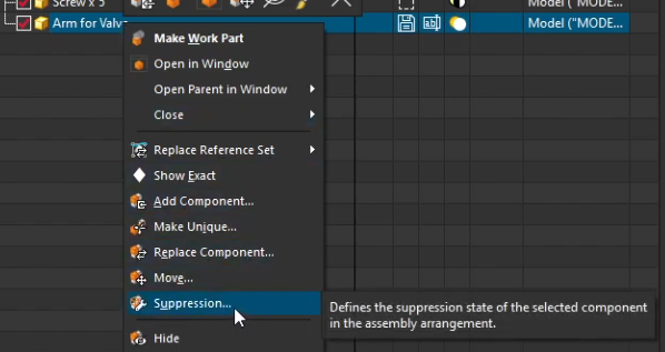 Accessing the 'Suppression' command from the NX Assembly Navigator right-click menu to hide a component specifically within the active arrangement.