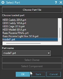 Selecting the target part file, such as 'model1.prt', in the NX Choose Part File dialog to receive the linked WAVE geometry.