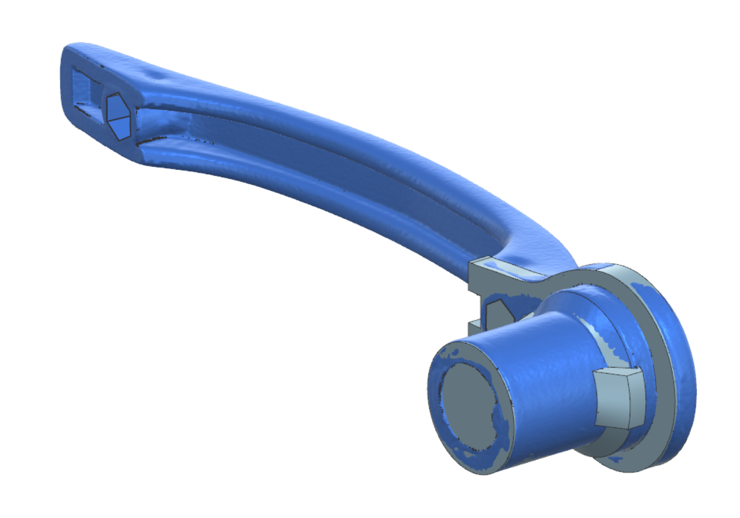 3D rendering of a blue mechanical lever with a rounded socket end.