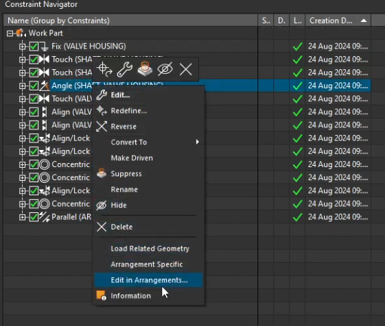 Right-clicking an Angle Constraint in the NX Constraint Navigator and selecting 'Edit in Arrangements' to drive different values for each configuration.