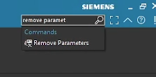 Using the Command Finder to locate the 'Remove Parameters' tool in Siemens NX, the final step in stripping history from an unlinked solid body.