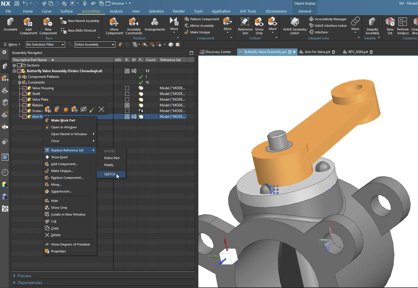 Right-clicking a component in the NX Assembly Navigator and using the 'Replace Reference Set' menu to select the newly created 'SKETCH' set.