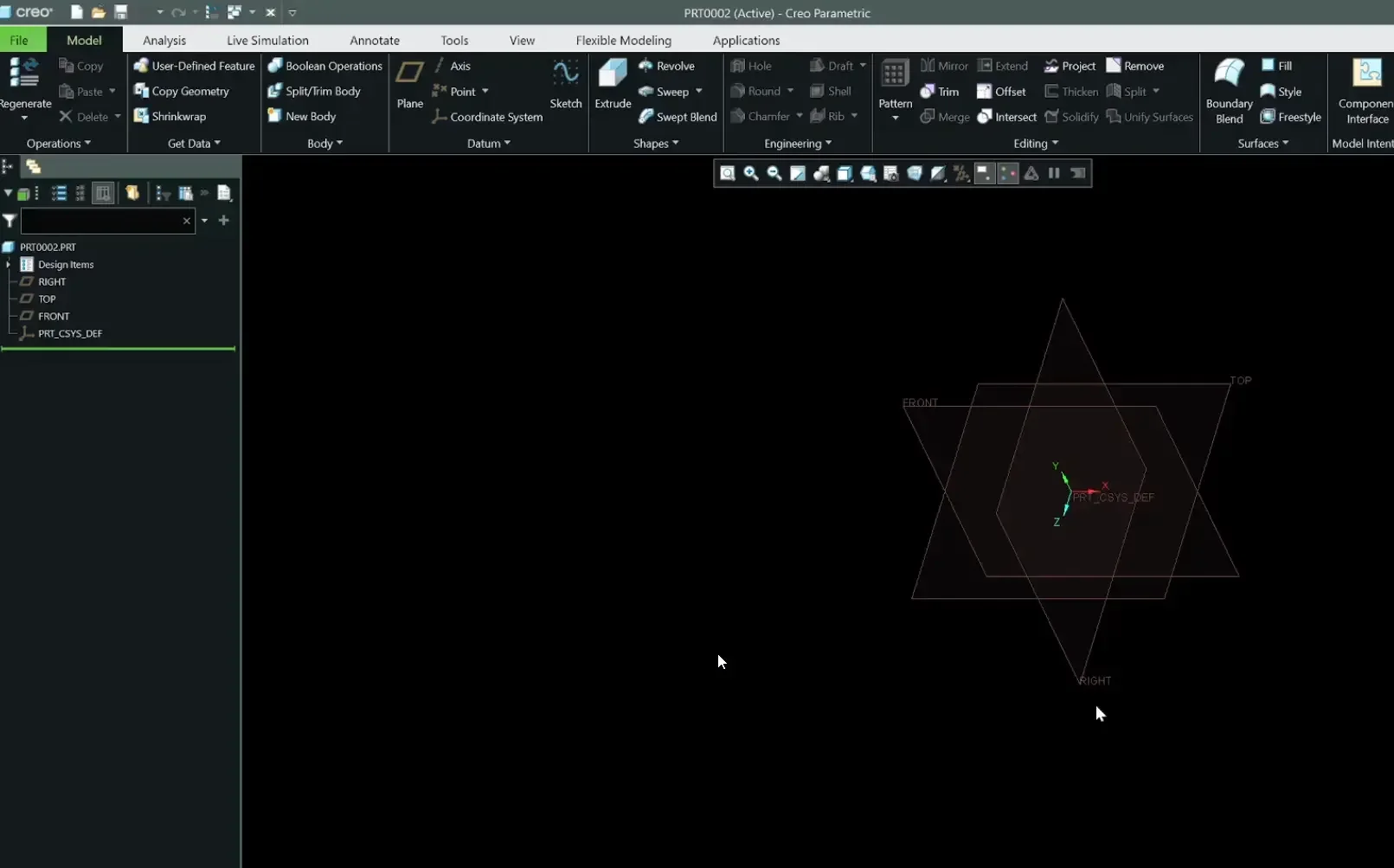 The 3D CAD modeling viewport in PTC Creo showing visible text name tags for the Top, Front, and Right datum planes alongside the main coordinate system.