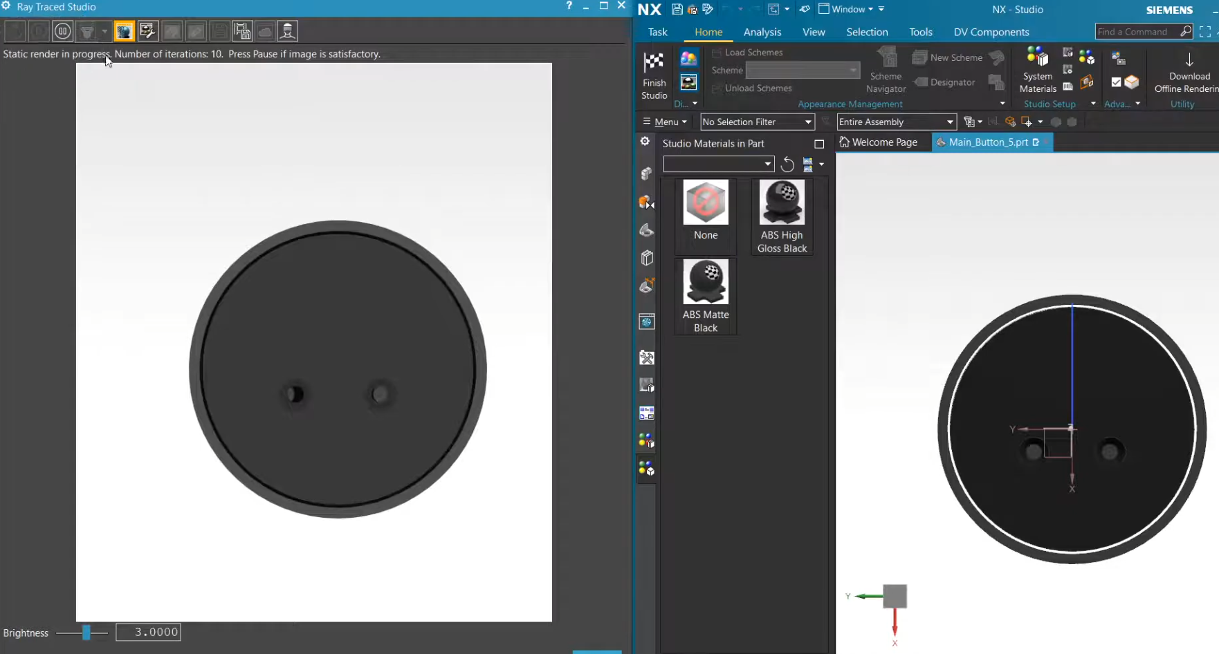 Siemens NX Ray Traced Studio static render in progress showing a side-by-side comparison of the real-time rendering window and the CAD modeling environment.