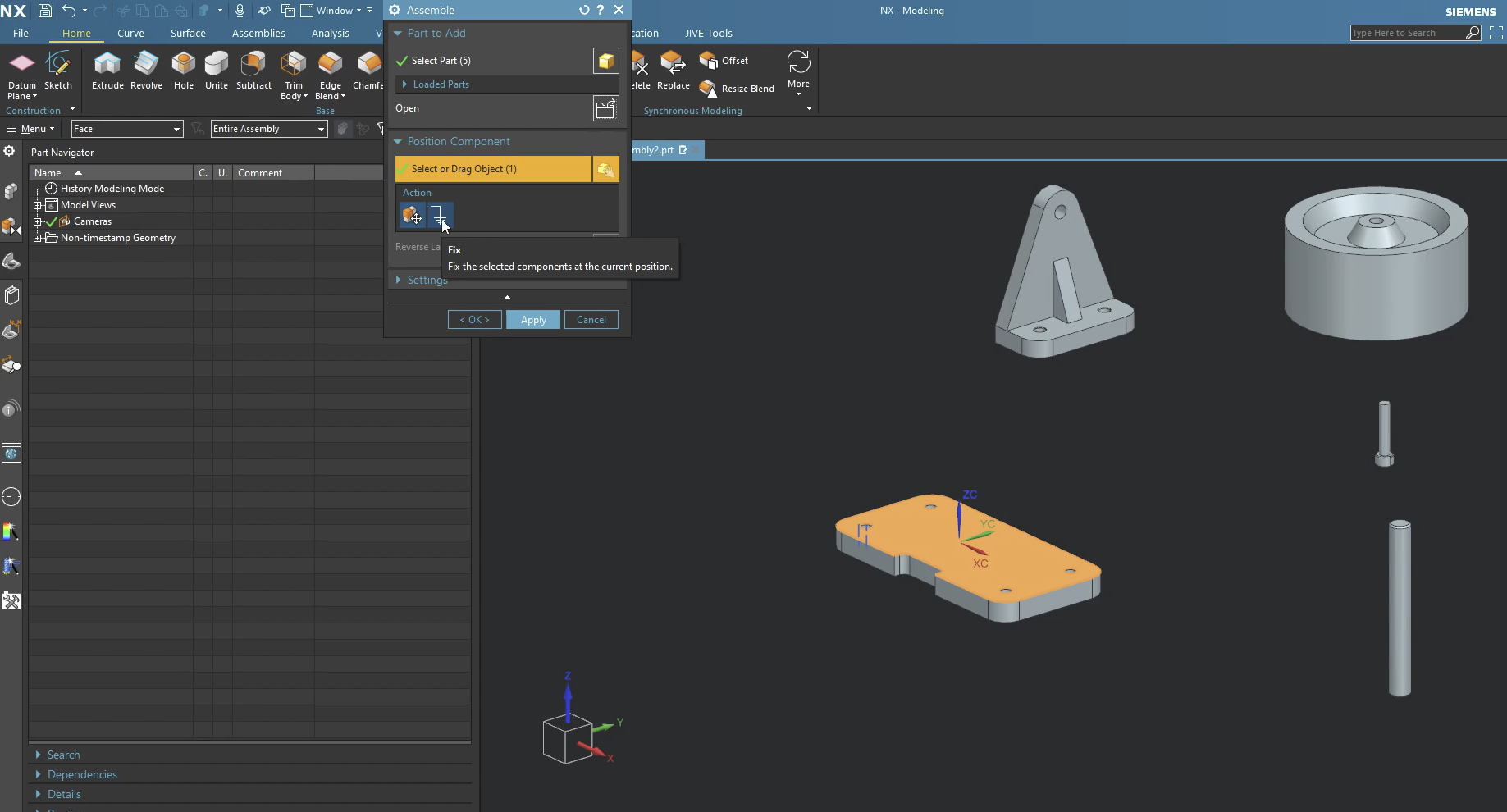Using the 'Fix' action in the NX Assemble tool to ground the base plate at its current position, creating a stable foundation for the assembly.