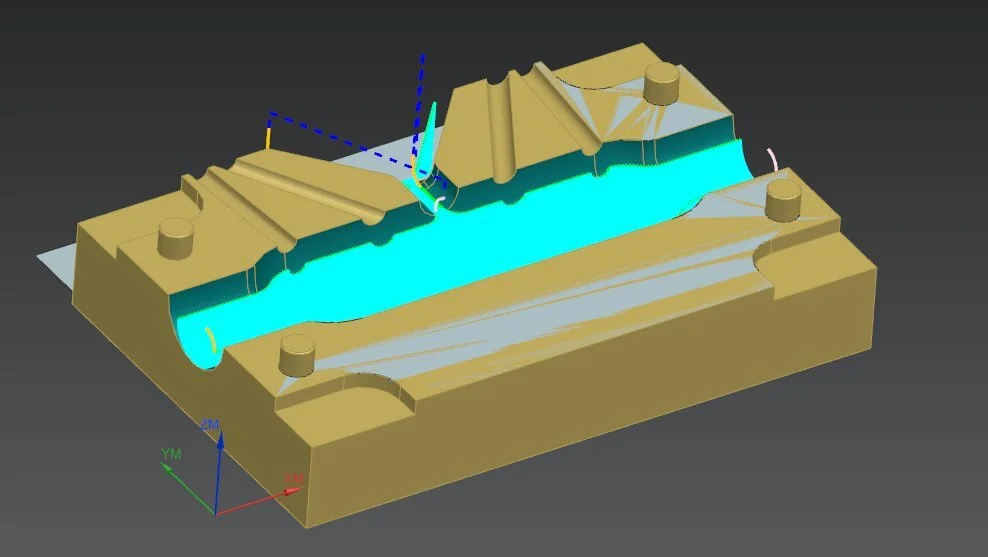Screenshot of Siemens NX CAM toolpath generation and electrical routing harness design during a specialized engineering training module.