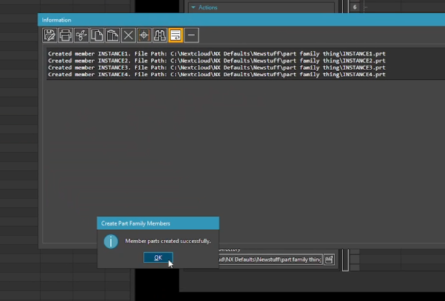 Successful batch generation of Siemens NX Part Family member parts, showing the file paths for the newly created component instances.