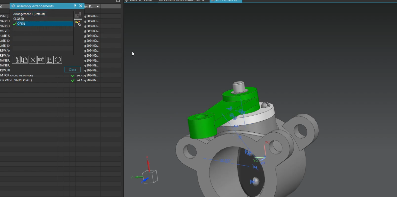 The final result in Siemens NX showing the butterfly valve in the 'OPEN' arrangement with the arm rotated 90 degrees and highlighted in green.