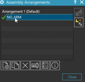 Setting the 'NO_ARM' arrangement as the active configuration in Siemens NX, indicated by the green checkmark in the dialog.