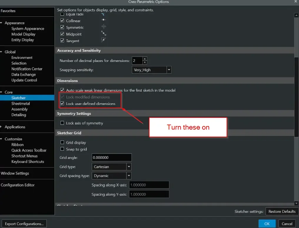Configuring the Dimensions control box in PTC Creo Sketcher options to check and enable Lock Modified Dimensions and Lock User Defined Dimensions.