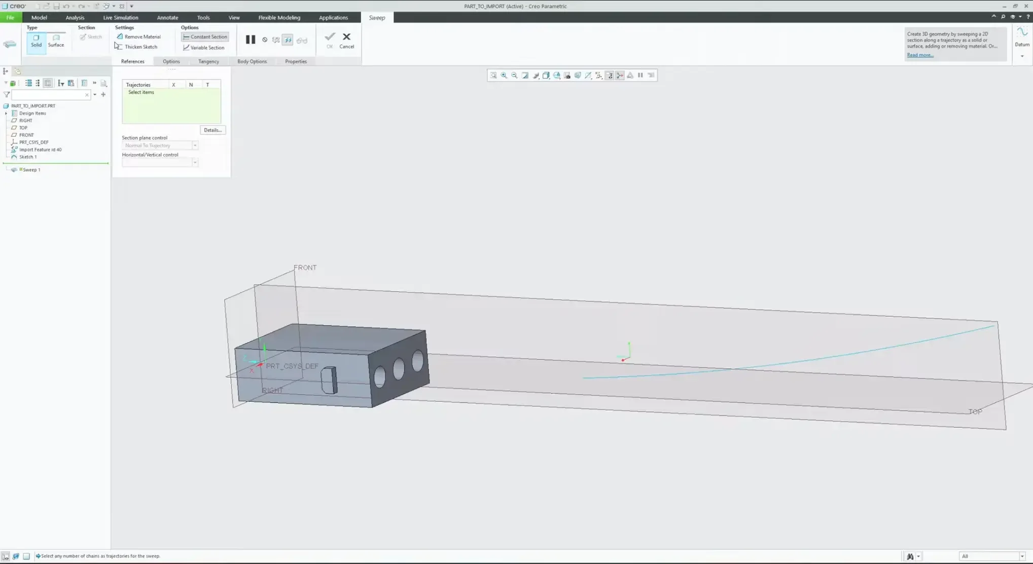 Initializing the Sweep command dashboard in PTC Creo Parametric, selecting the master trajectory guide path and toggling the option to Variable Section Sweep.