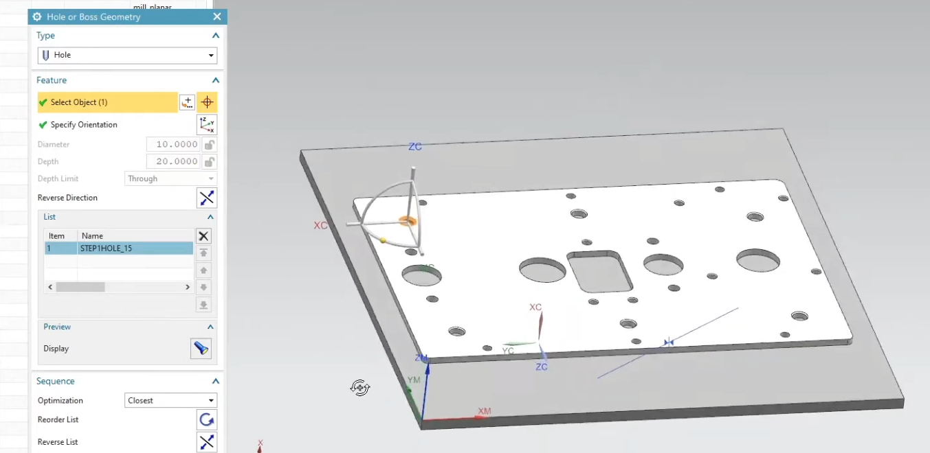 Defining Hole or Boss Geometry in Siemens NX CAM, showing the manual selection of a hole feature on a base plate with specified diameter and depth parameters.